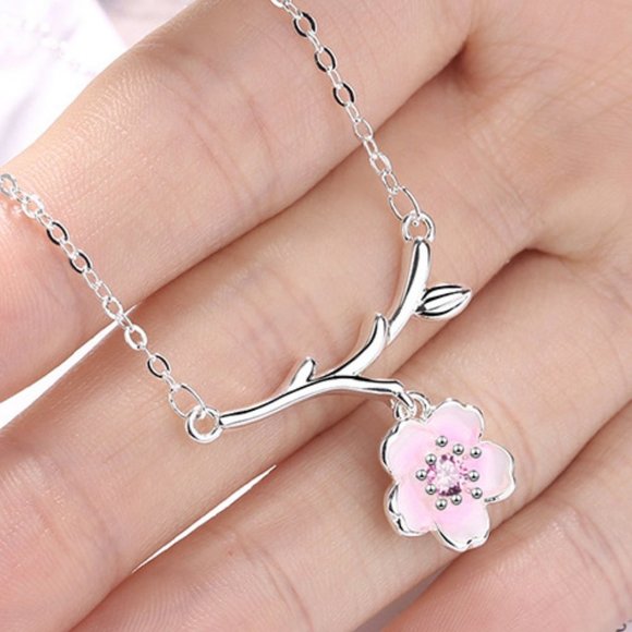 #NEW 925 Sterling Silver Pink White Diamond Cherry Blossom Leaf Branch Necklace - Picture 3 of 11